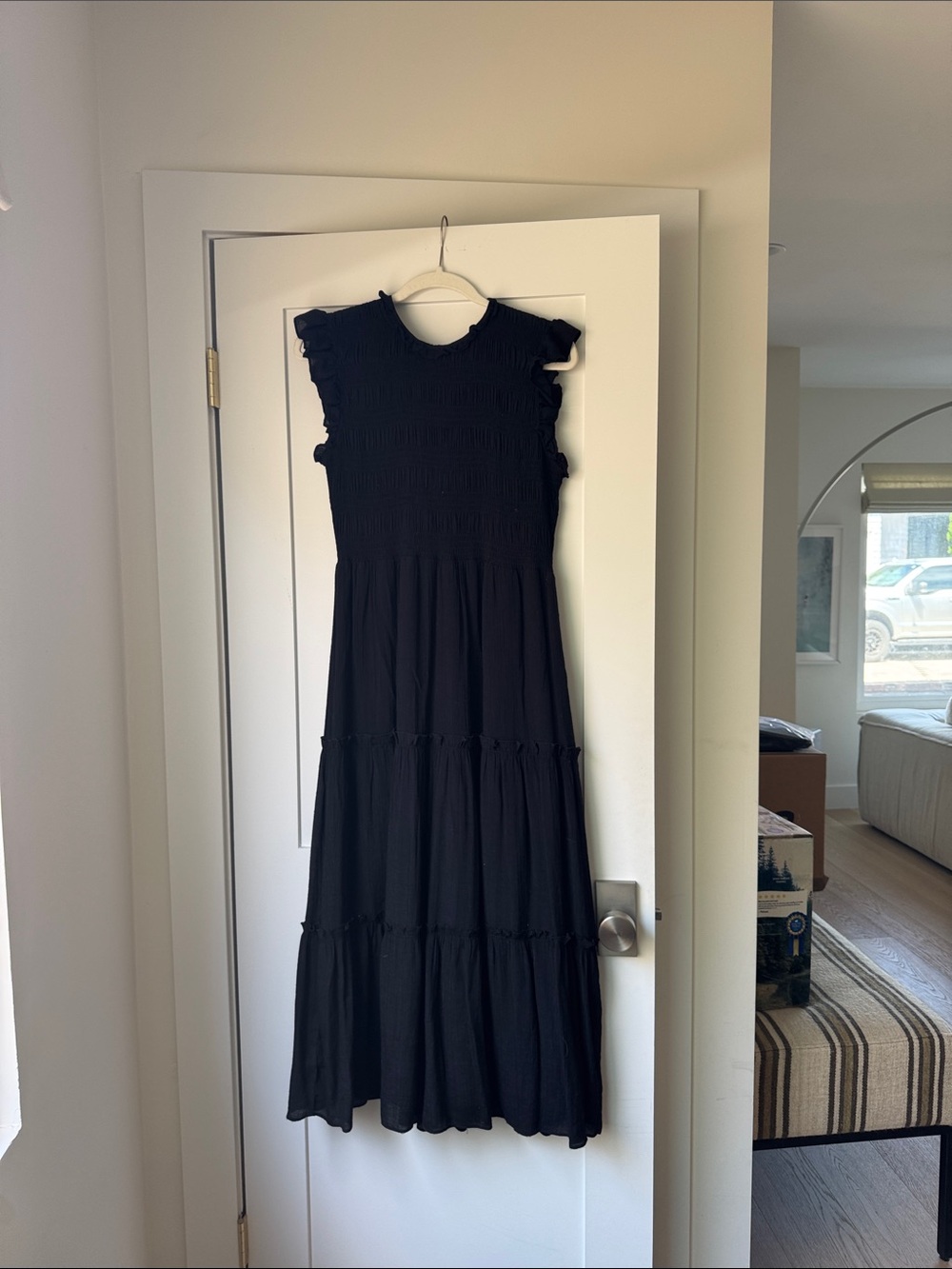 Saks Fifth Avenue Black Smocked Maxi Dress with Ruffle Sleeves